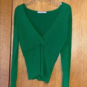 Vintage Nine & Co y2k green thin long sleeve knit crossover V neck sweater EUC